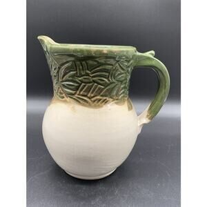 Studio Art Pottery Pitcher Ivory Green Glaze Leaves Signed